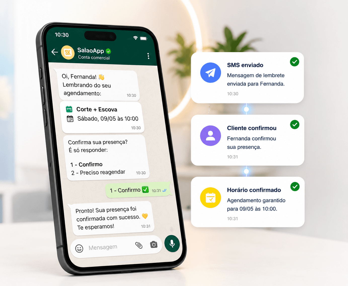 Confirmação automática de agendamento pelo WhatsApp com fluxo de SMS enviado e cliente confirmado.