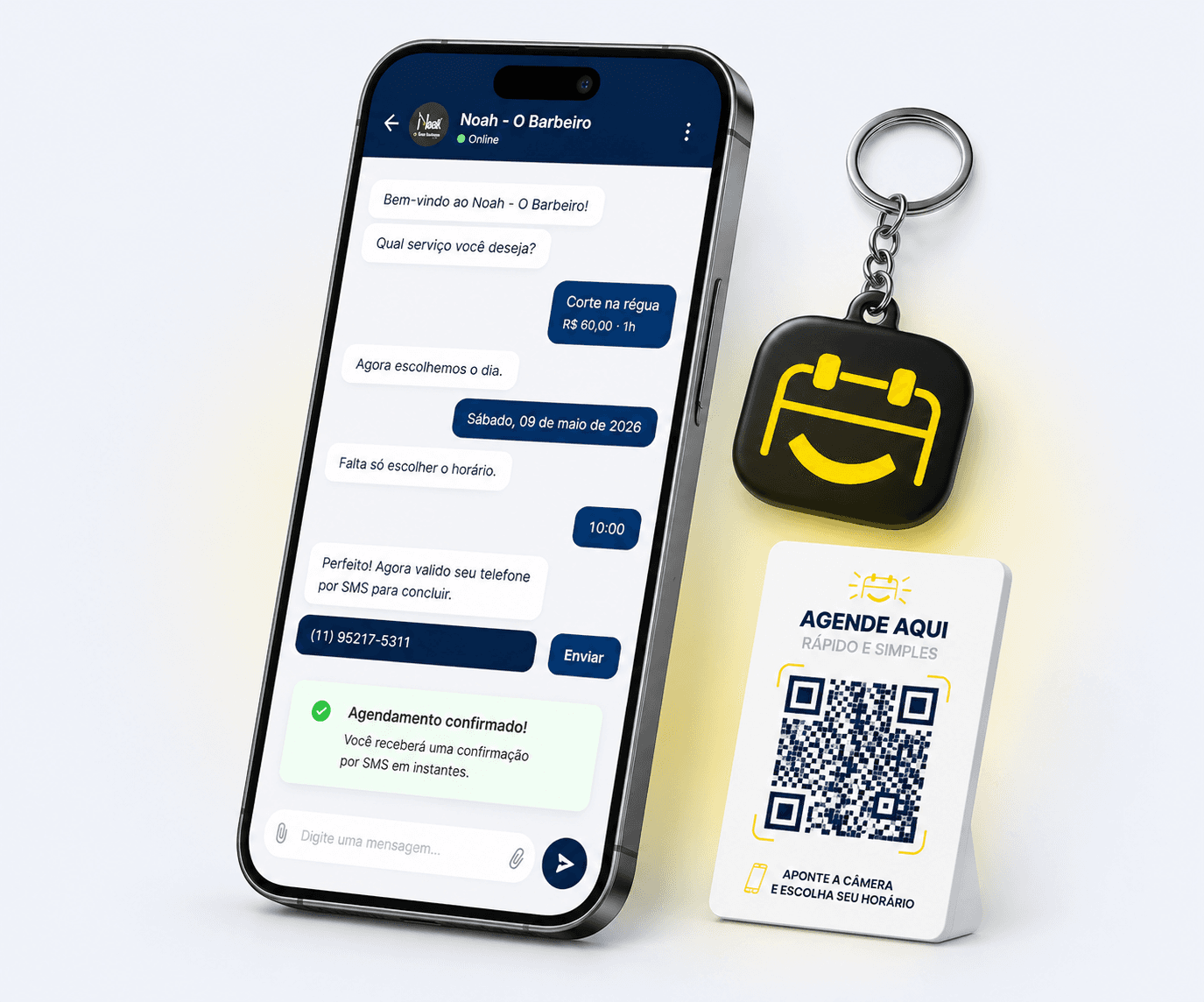 Agendamento pelo WhatsApp com QR code e chaveirinho de aproximação.